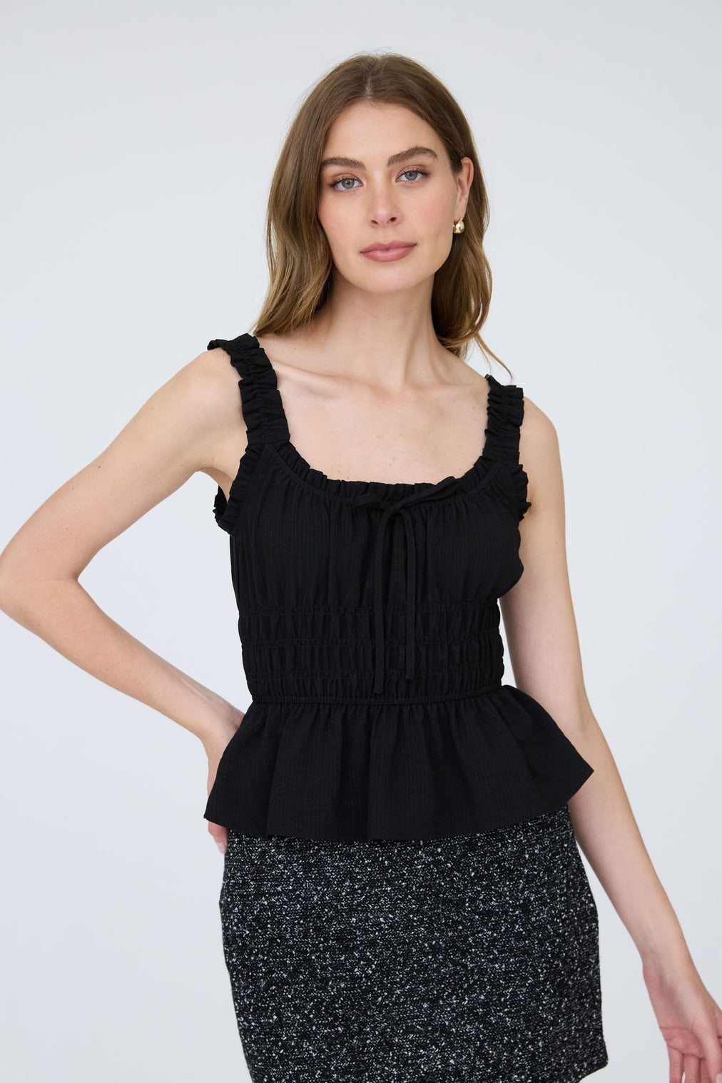Ruffled Front Tie Shirred Waist Tank Top