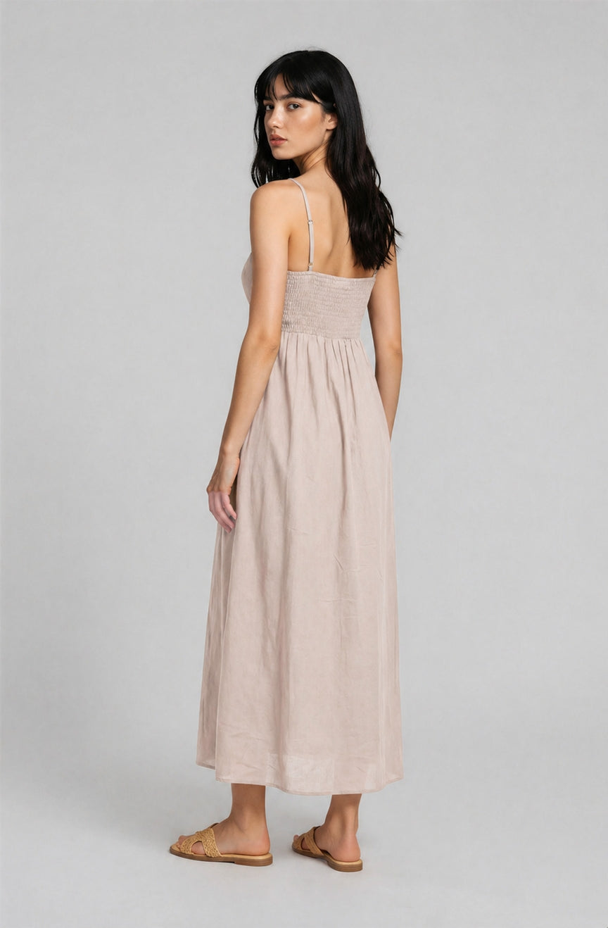 Pintuck Detail Spaghetti Strap Midi Sundress in Light Khaki