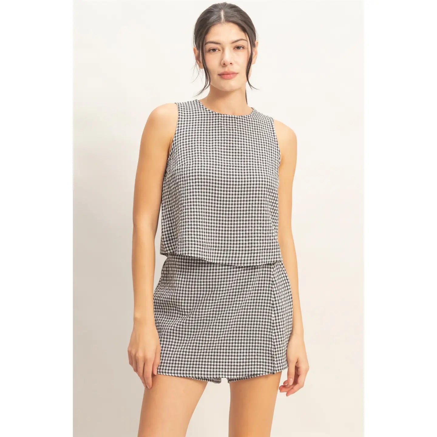 Black Gingham Checkered Sleeveless Top and Skort Set