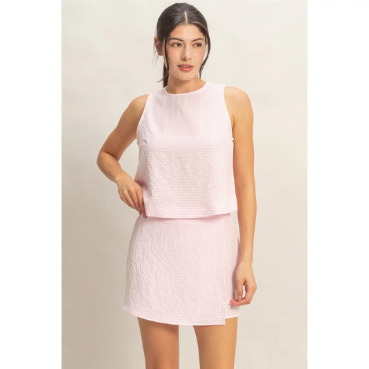 Pink Gingham Checkered Sleeveless Top and Skort Set